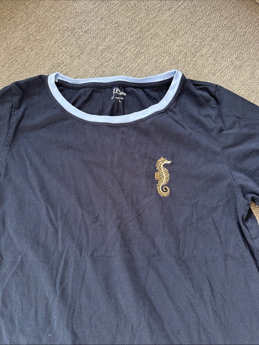 J. Crew Navy Short-Sleeve Tee with Light Blue Trim and Gold Seahorse
